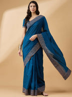 Blue Silk Blend Embroidered Saree with Unstitched Blouse - Vairagi