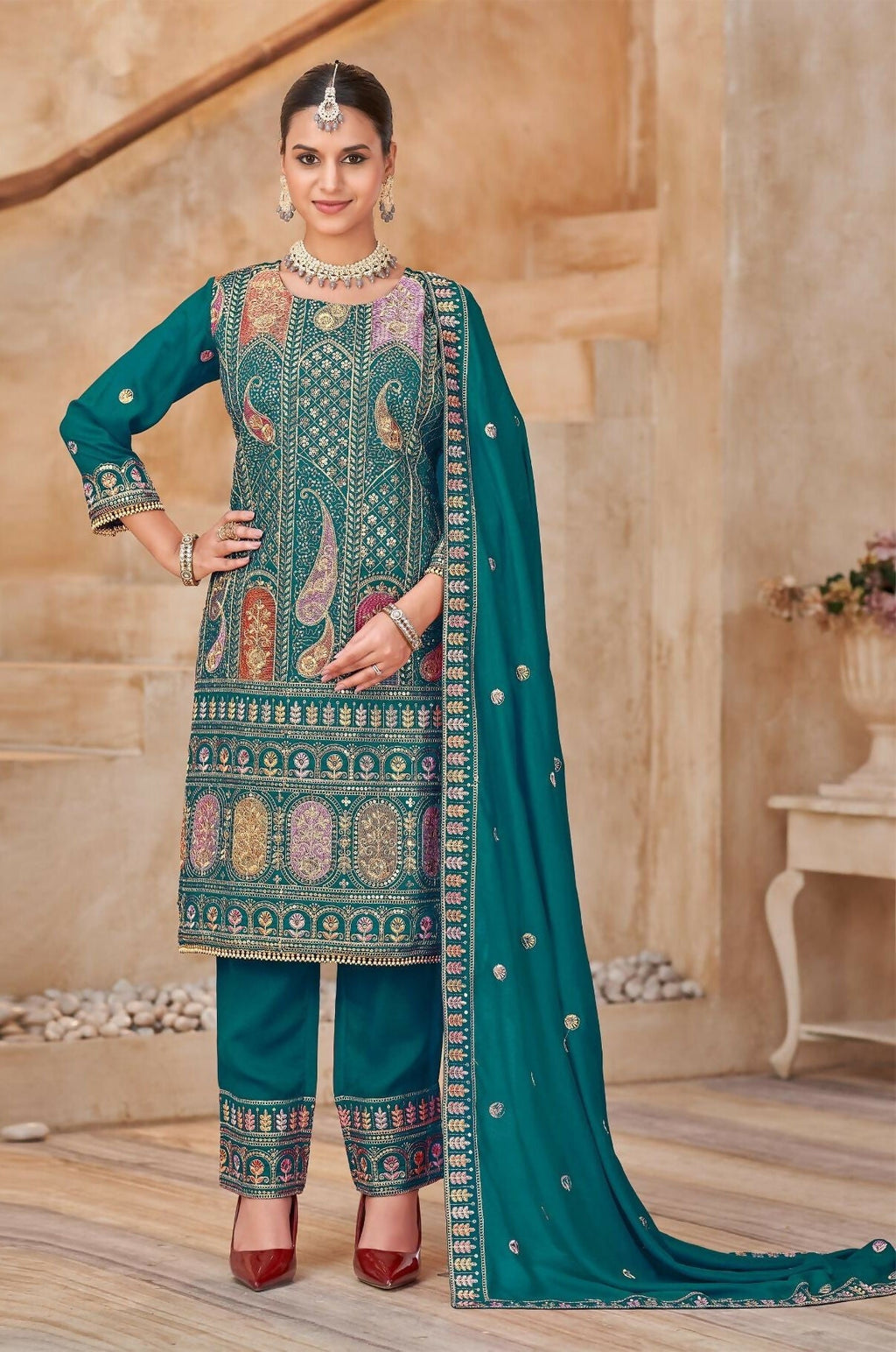 Anaita Teal Vichitra Silk Readymade Suit with Embroidery & Lace Work - Distacart