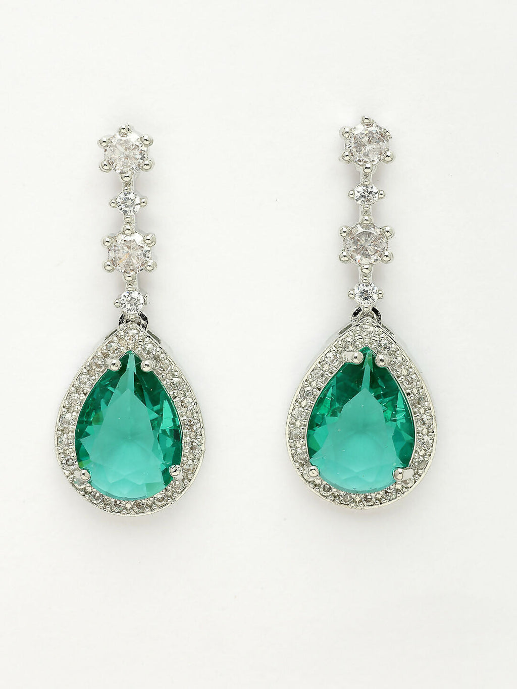 NVR Women's Silver-Plated Green American Diamond-Studded Handcrafted Jewellery Set