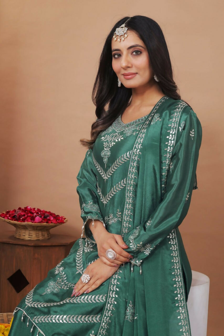 Teeya Creation Green Color Chinon Silk Wedding Wear Trending Palazzo Set - Distacart