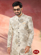 Joban Fashion Men's Beige Base Straight Swed Velvet Self-Design In Fabric Indo-Western Kurta Set