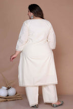 Miravan Women's Plus Size Cream Ethnic Motifs Hand Block Cotton Pakistani Kurta Palazzo With Dupatta