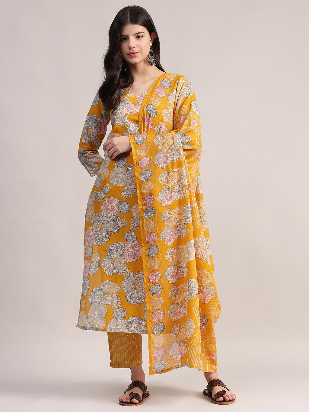 Aavyora Women Yellow Floral Printed Kurta with Striped Pants & Dupatta Set