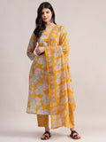 Aavyora Women Yellow Floral Printed Kurta with Striped Pants & Dupatta Set