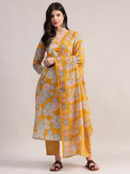 Aavyora Women Yellow Floral Printed Kurta with Striped Pants & Dupatta Set