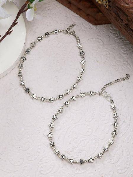 NVR Women's Set of 2 Silver-Plated Star Design Anklets