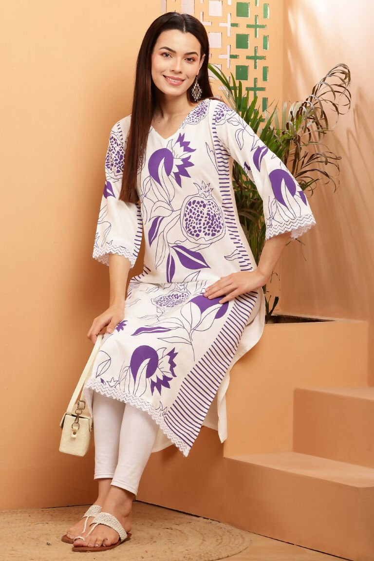 Cheera Women Stylish Hand Block Printed Cotton Blend Flared Kurta - Off White