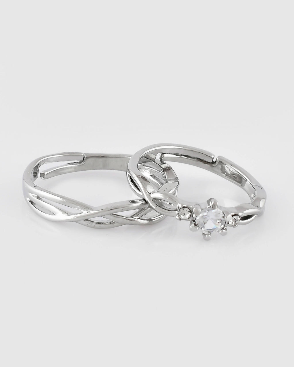 VOJ Stainless Steel Cubic Zirconia Silver Plated Adjustable Ring Set for Couple