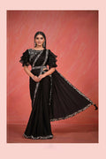 Black Crepe Silk Satin Cord & Sequence Embroidery with Stone & Moti Work Saree With Stitched Blouse - Mohmanthan Elegancia