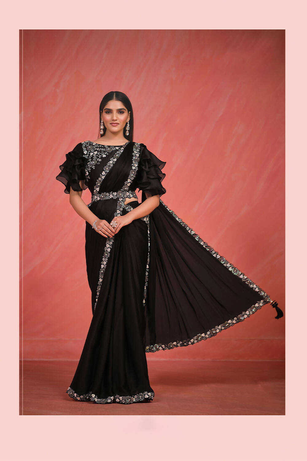 Black Crepe Silk Satin Cord & Sequence Embroidery with Stone & Moti Work Saree With Stitched Blouse - Mohmanthan Elegancia