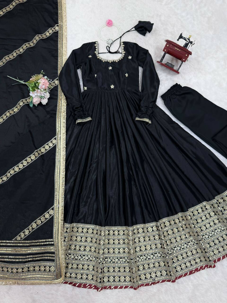 The52 Women's Gorgeous Chinon Silk Fabric Embroidery Work Flared Anarkali Pant and Dupatta Set - Distacart