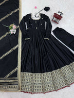 The52 Women's Gorgeous Chinon Silk Fabric Embroidery Work Flared Anarkali Pant and Dupatta Set - Distacart