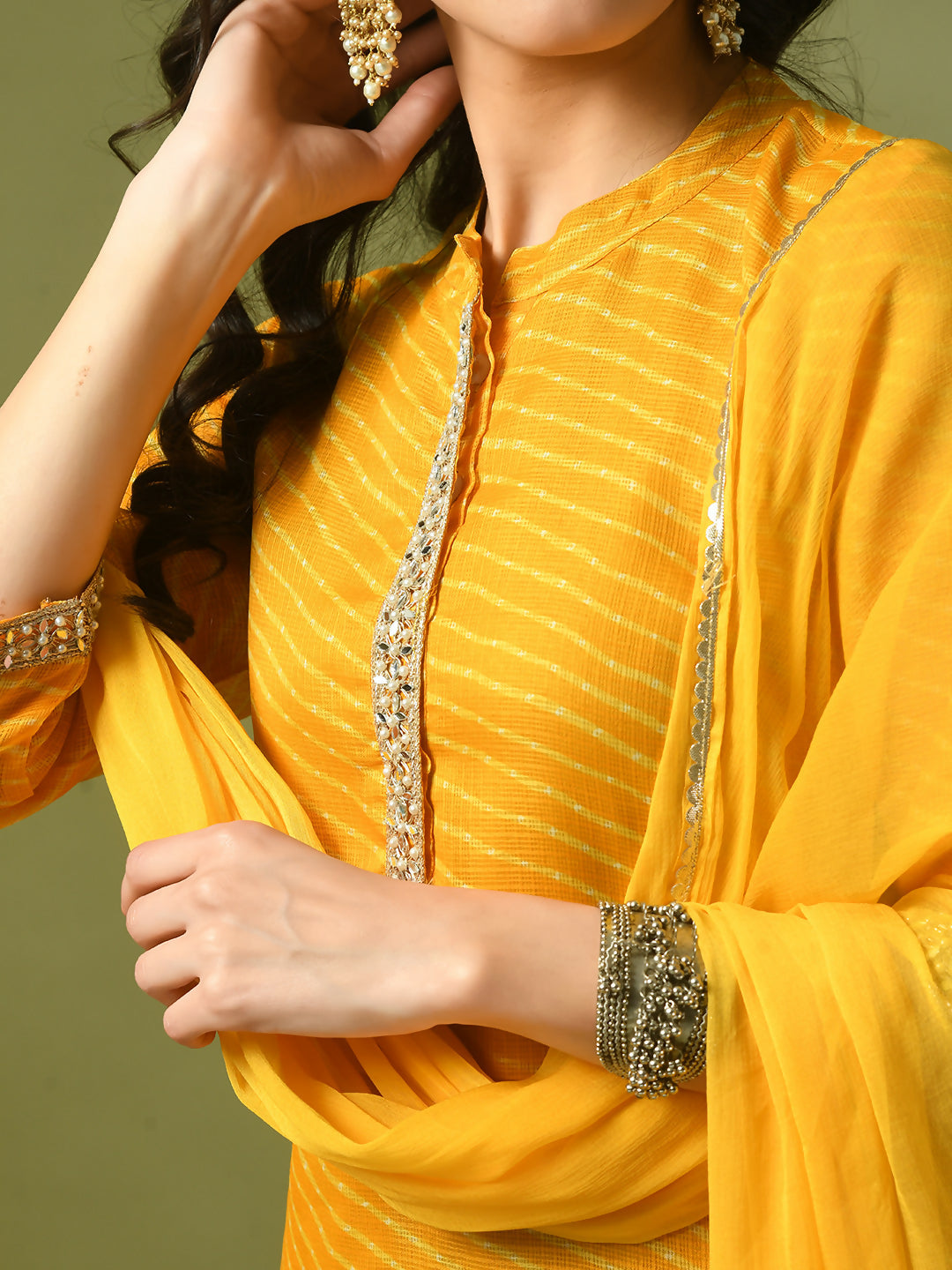 Myshka Women's Yellow Printed Kota Straight Party Kurta Set With Dupatta