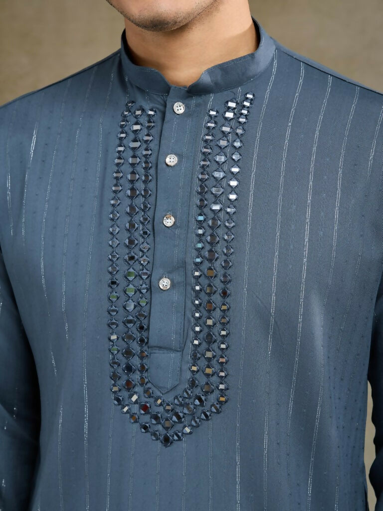 Vastranavya Blue Grey Exclusive Viscose Rayon Festival Wear Real Mirror Work Kurta with Dupatta