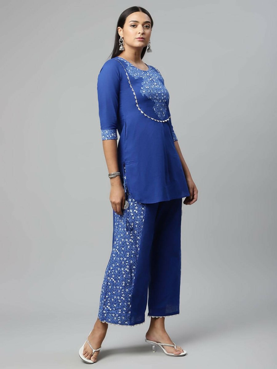 Ahalyaa Womens Royal Blue Pure Cotton Printed Tunic Palazzo Set - Distacart