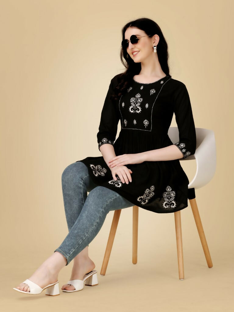 Jyoti Fashion Women's Black Viscose Rayon Embroidered Casual Top
