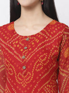 Myshka Women Red Georgette Printed 3/4 Sleeve Round Neck Kurta Pant Dupatta Set