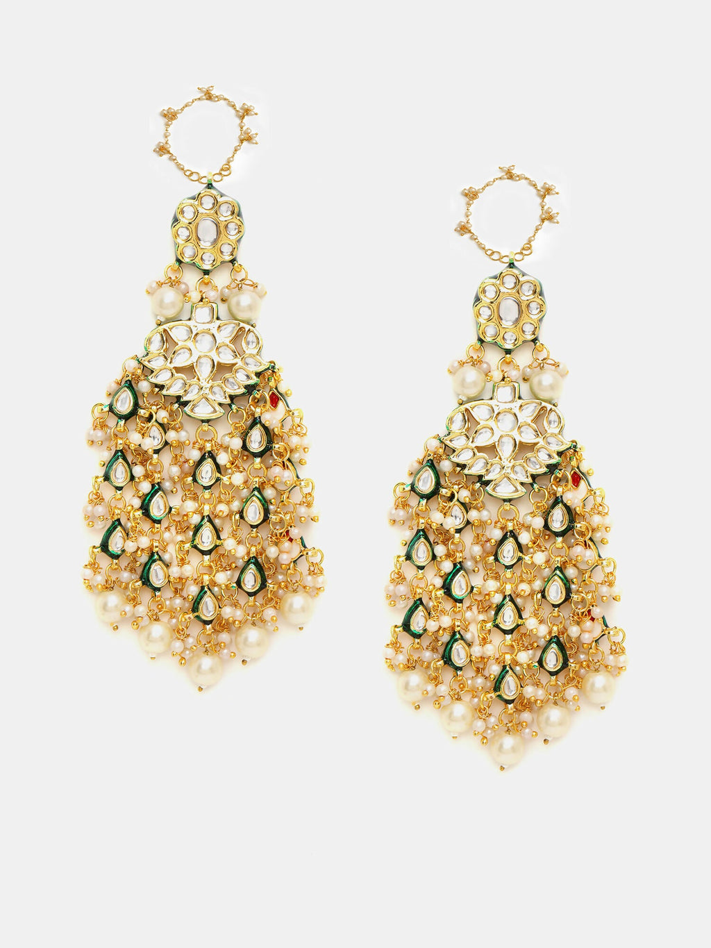 Ruby Raang 22k Gold Polished Kundan Chand Earrings With Ear Chains - Distacart