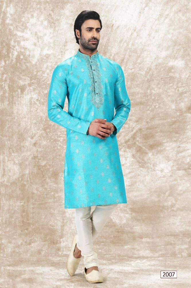 Raivat Ethnic Jacquard Silk Brocade Thread Work Kurta Pajama In Sky Blue Colour