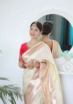 Cream Woven Jacquard Designer Embroidery Work Party Wear Saree - Parampara