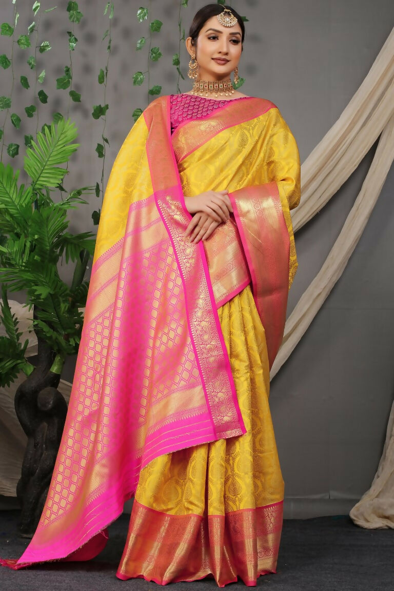 Jyoti Fashion Women's Yellow Kanjivaram Silk Zari Woven Saree with Blouse