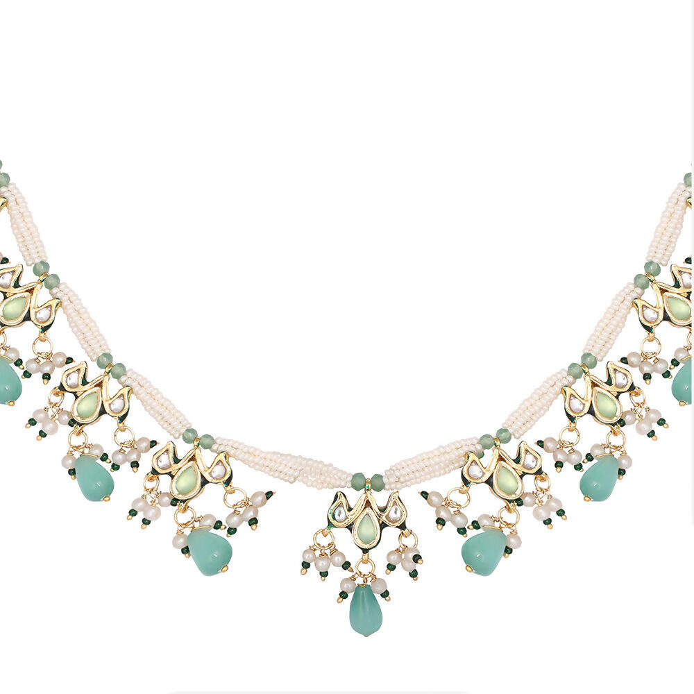 Nuyug 22K Gold Plated Pearl Empress Flora Green Stone Drops Necklace Set