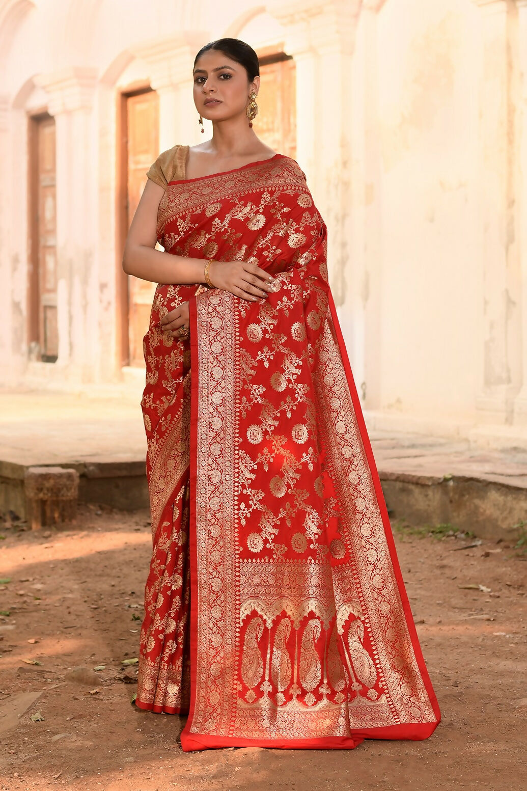 Joban Fashion Red Banarasi Soft Pure Handloom Banarasi Silk Saree