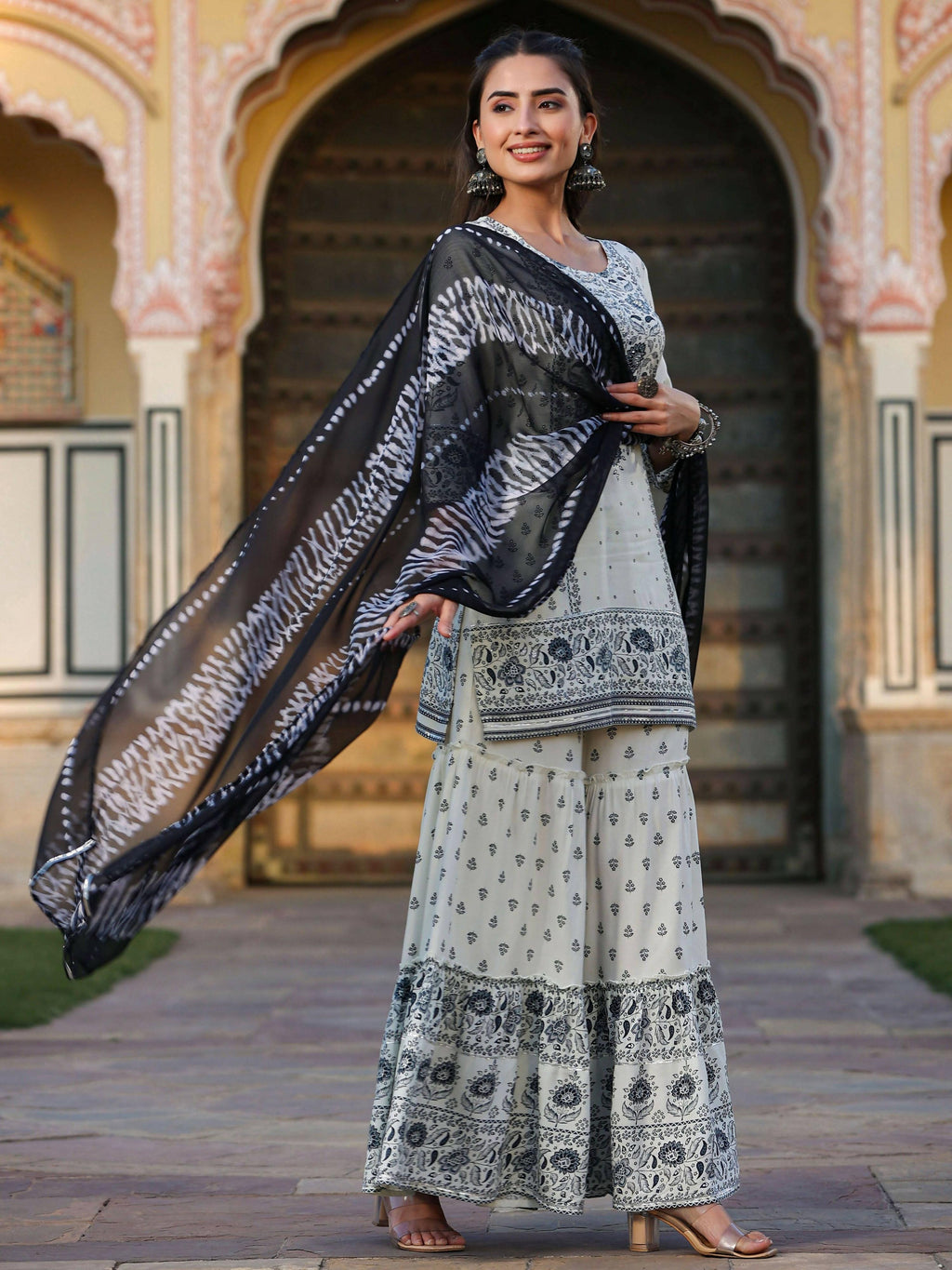 Juniper Women's Off White Rayon Floral Placement Kurta With Sharara And Dupatta Set - Distacart