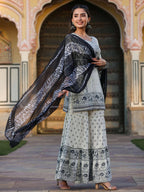 Juniper Women's Off White Rayon Floral Placement Kurta With Sharara And Dupatta Set - Distacart