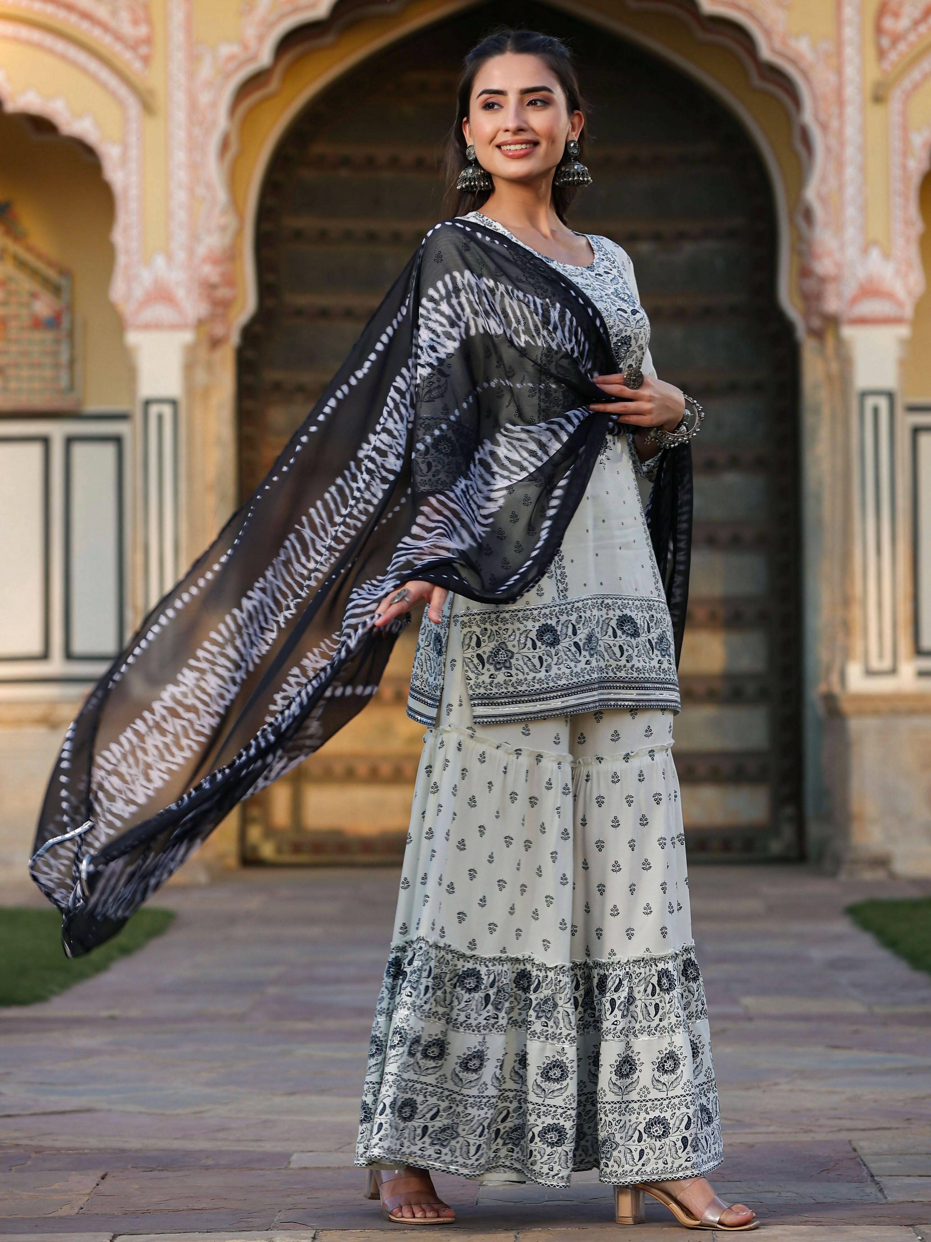 Juniper Women's Off White Rayon Floral Placement Kurta With Sharara And Dupatta Set - Distacart
