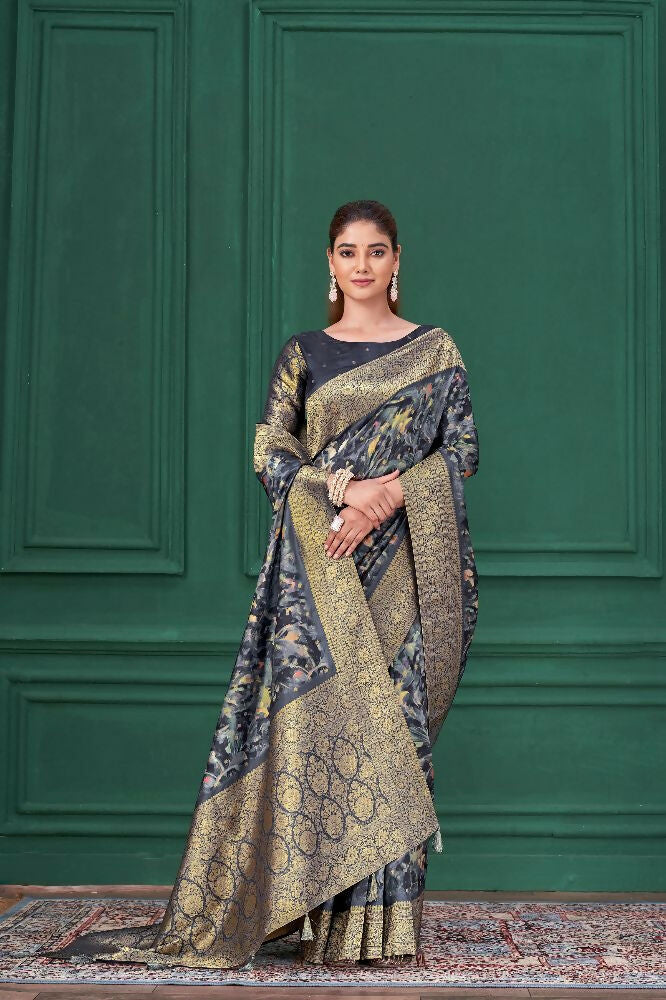 Blue Tussar Silk Jacquard Abstract Digital Print Saree with Unstitched Blouse - Mohira