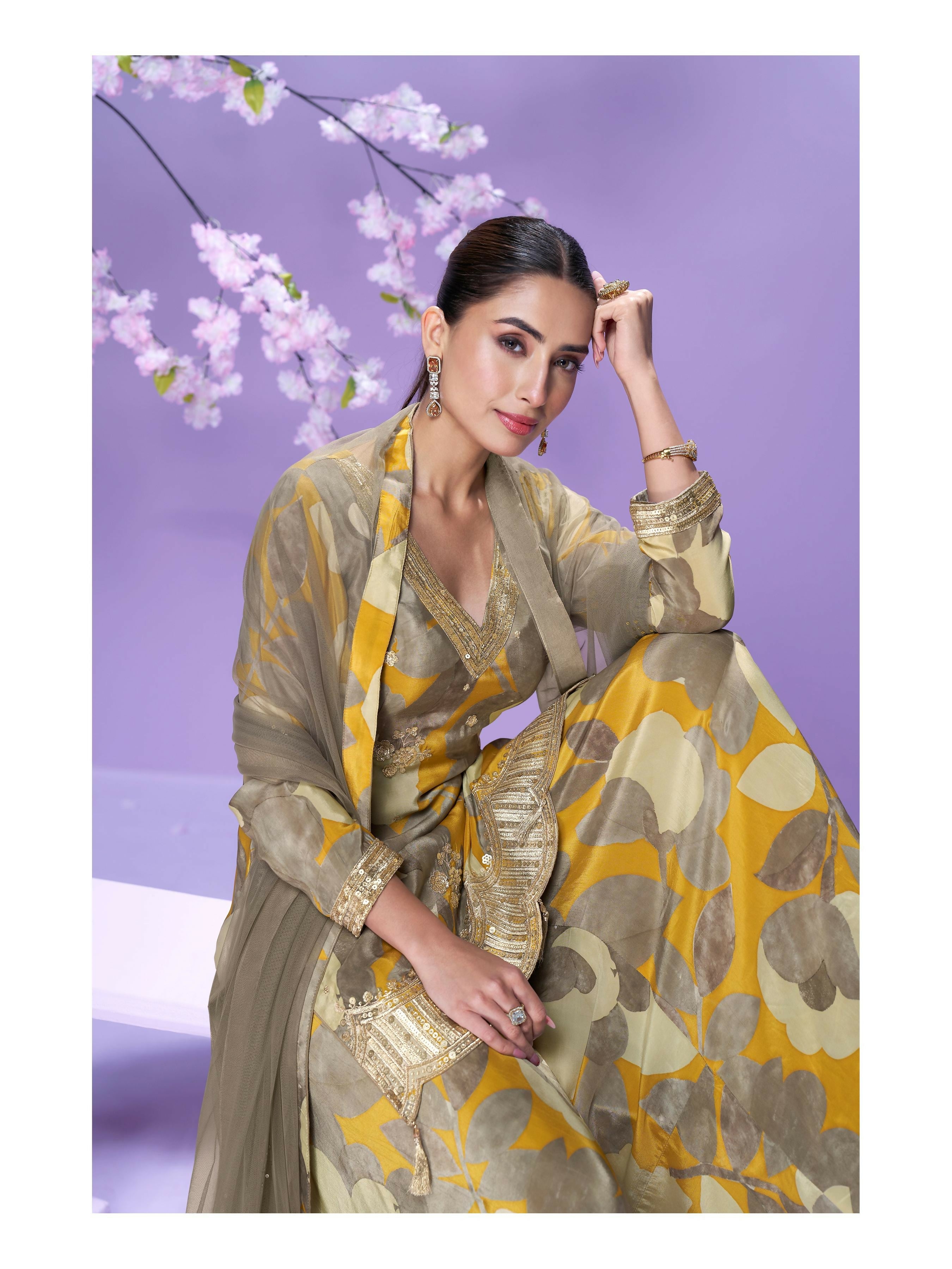 Anaita Yellow Chinon Readymade Palazzo Suit with Digital Embroidery Work - Distacart