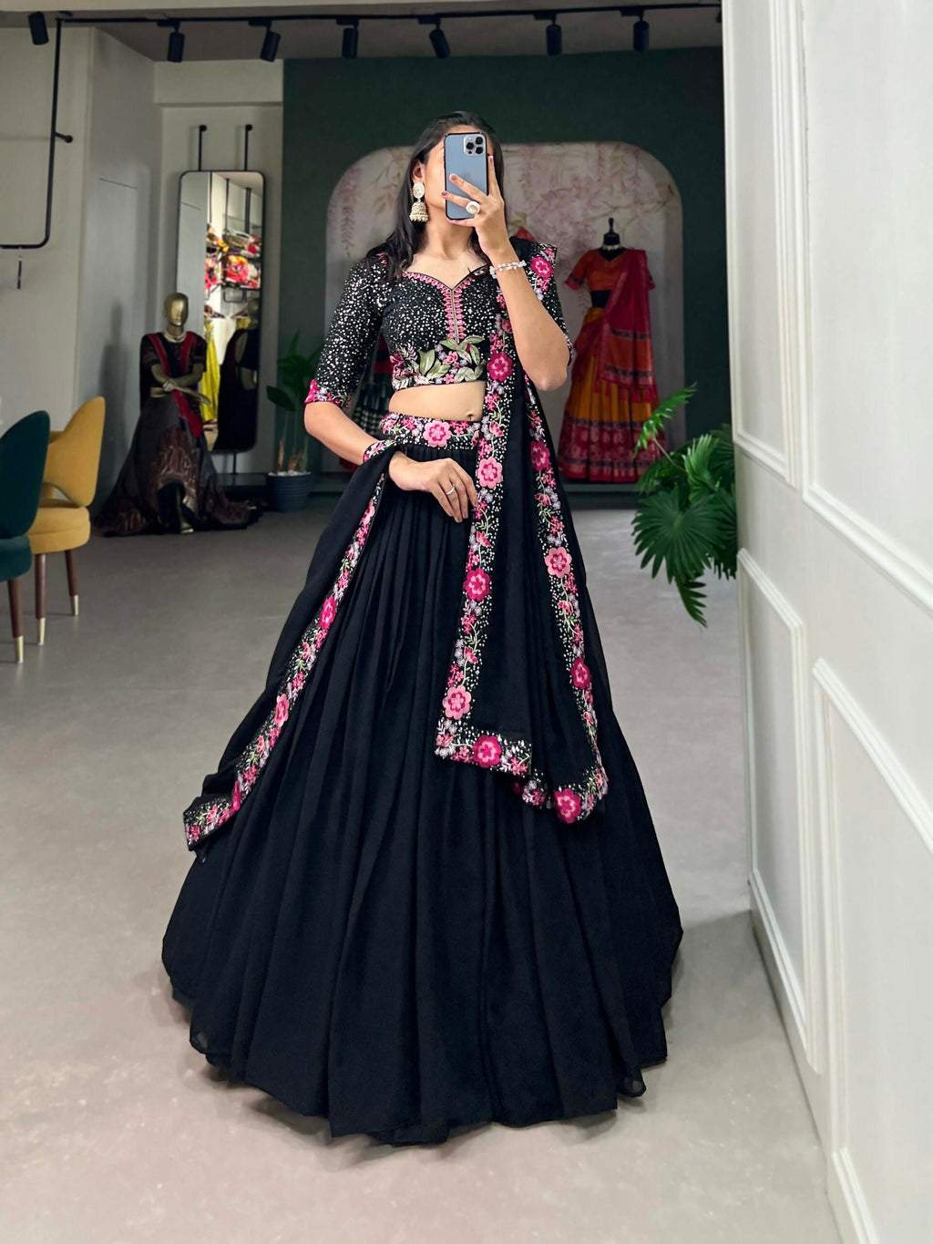 Vastranavya Party Wear Sequins And Delicate Embroidery Work Belt Lehenga Choli - Black