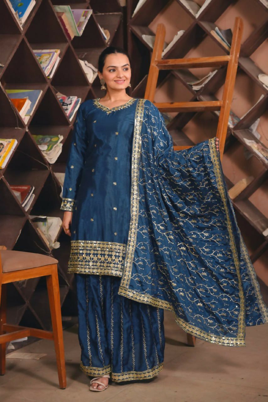 Joban Fashion Blue Silk Embroidered Sharara Set - Distacart
