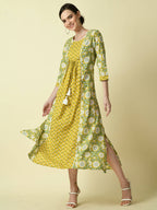 Myshka Women's Yellow Floral Printed Gown Dress - Distacart