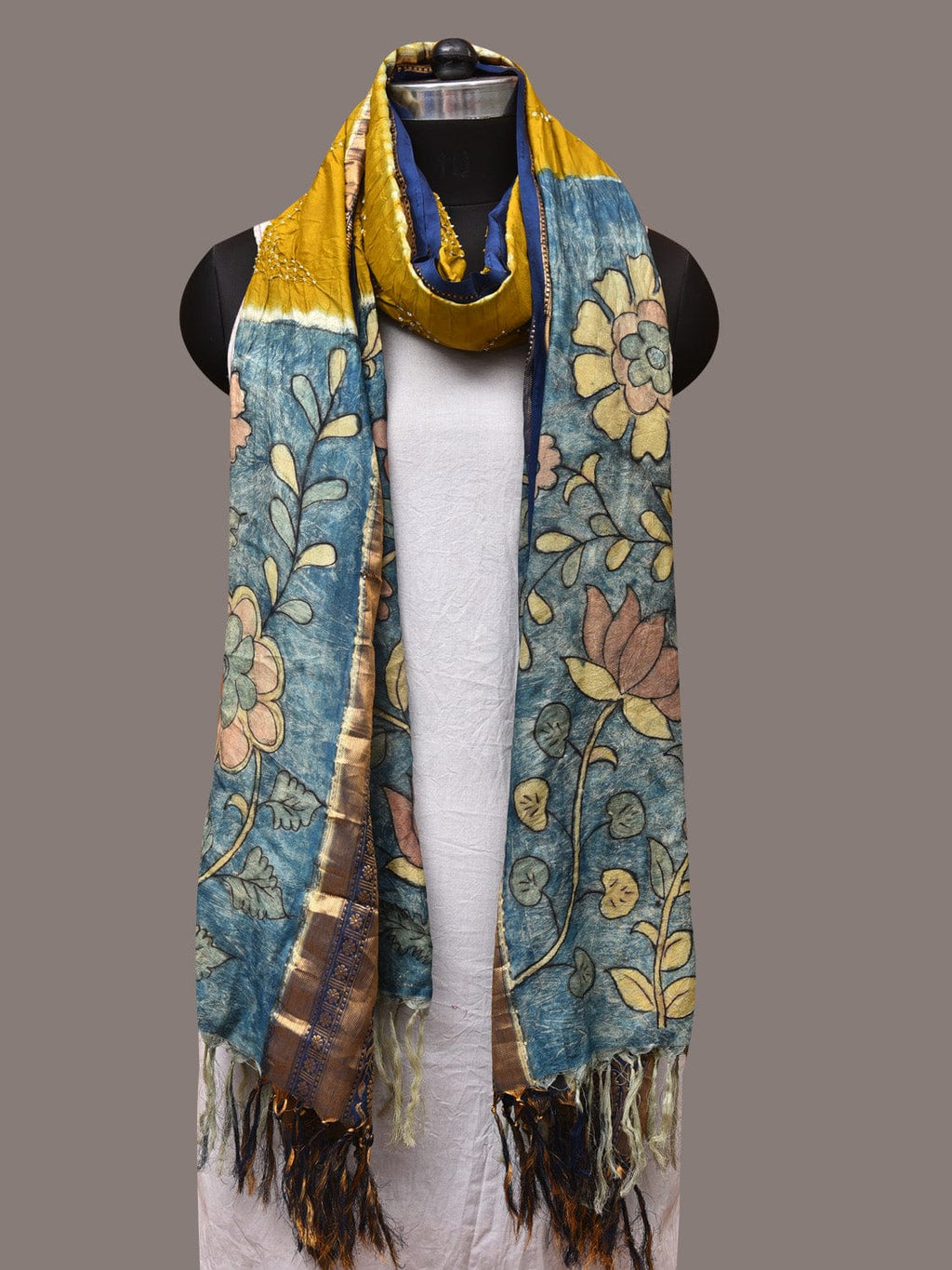 Olive and Blue Bandhani Kanchipuram Silk Handloom Dupatta with Kalamkari Design - Global Threads