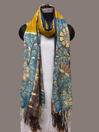 Olive and Blue Bandhani Kanchipuram Silk Handloom Dupatta with Kalamkari Design - Global Threads
