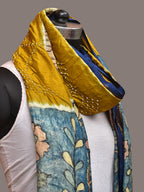 Olive and Blue Bandhani Kanchipuram Silk Handloom Dupatta with Kalamkari Design - Global Threads