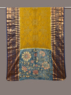 Olive and Blue Bandhani Kanchipuram Silk Handloom Dupatta with Kalamkari Design - Global Threads