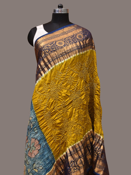 Olive and Blue Bandhani Kanchipuram Silk Handloom Dupatta with Kalamkari Design - Global Threads