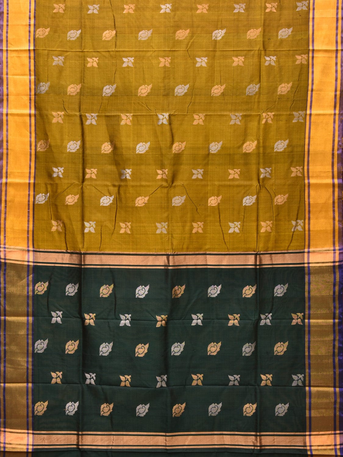 Olive and Dark Green Uppada Silk Handloom Saree with Buta Design - Global Threads