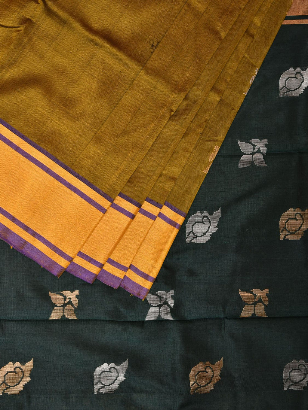 Olive and Dark Green Uppada Silk Handloom Saree with Buta Design - Global Threads
