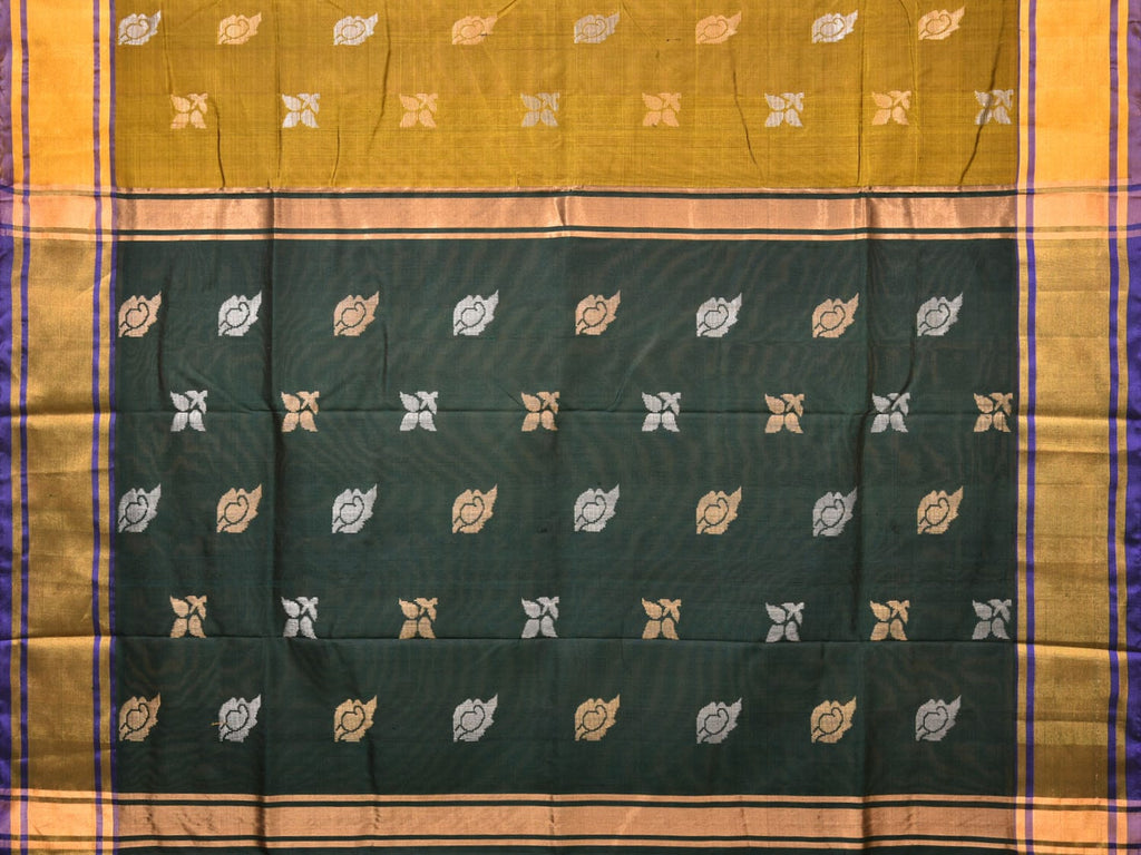 Olive and Dark Green Uppada Silk Handloom Saree with Buta Design - Global Threads