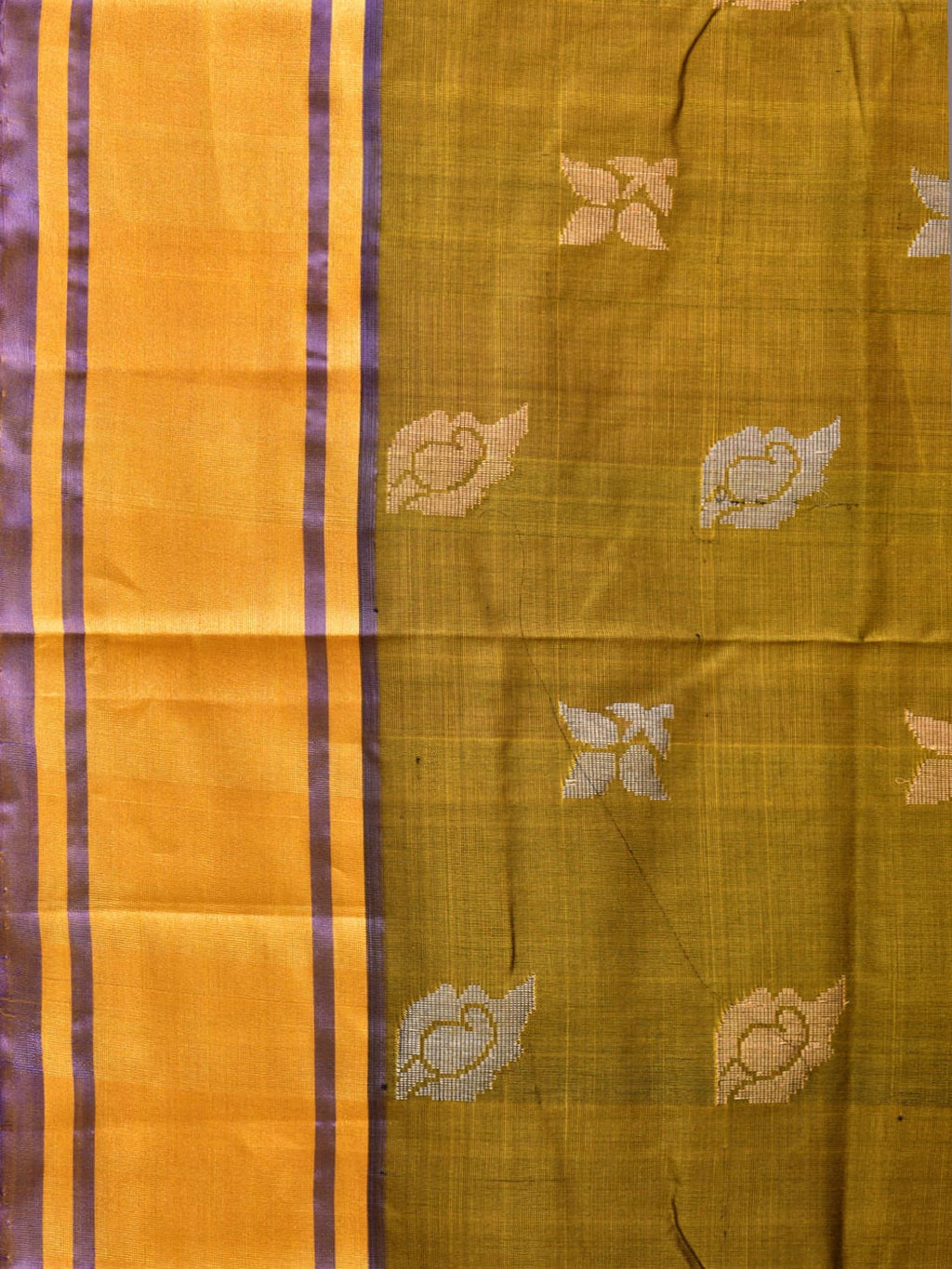 Olive and Dark Green Uppada Silk Handloom Saree with Buta Design - Global Threads