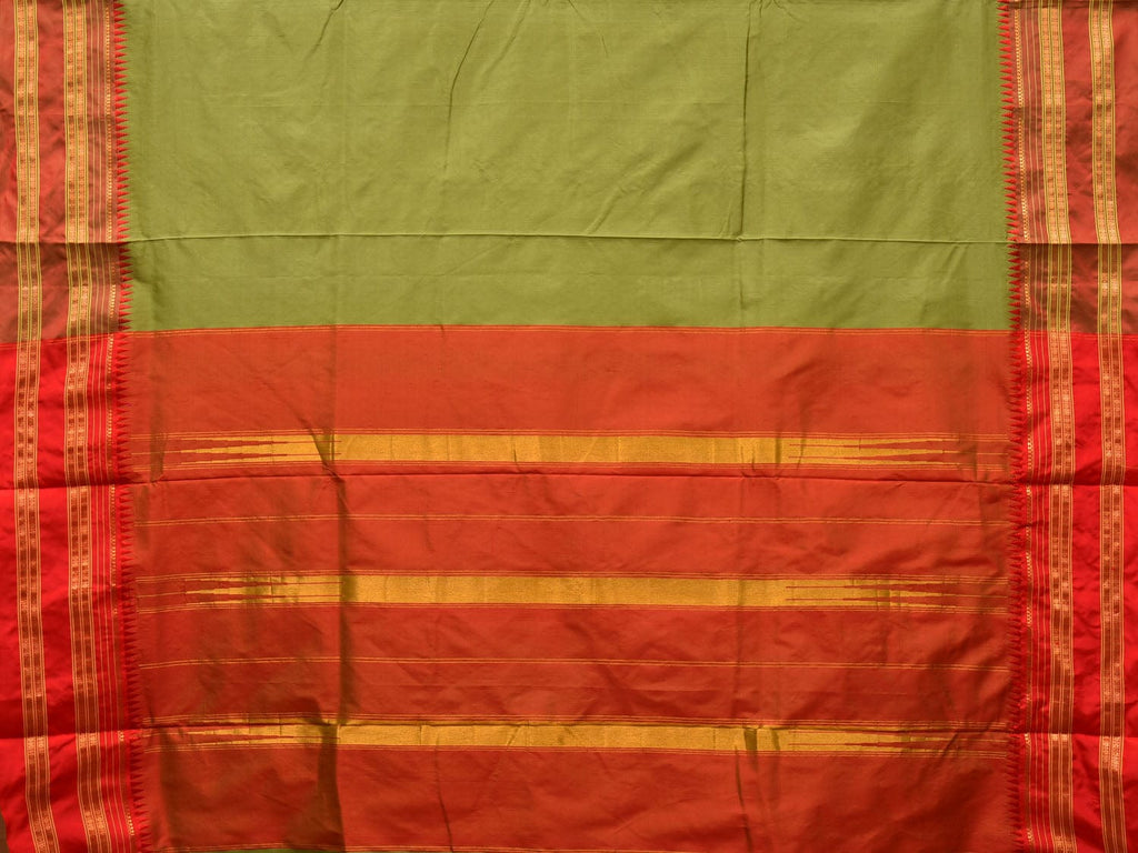 Olive and Red Narayanpet Silk Handloom Plain Saree with Traditional Border Design No Blouse - Global Threads