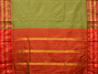 Olive and Red Narayanpet Silk Handloom Plain Saree with Traditional Border Design No Blouse - Global Threads