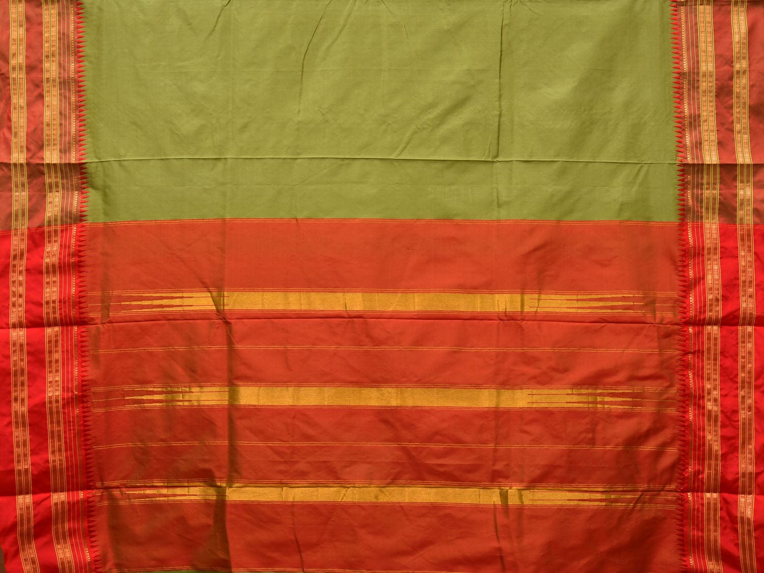 Olive and Red Narayanpet Silk Handloom Plain Saree with Traditional Border Design No Blouse - Global Threads