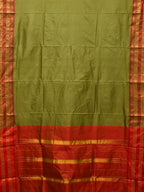Olive and Red Narayanpet Silk Handloom Plain Saree with Traditional Border Design No Blouse - Global Threads