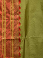 Olive and Red Narayanpet Silk Handloom Plain Saree with Traditional Border Design No Blouse - Global Threads