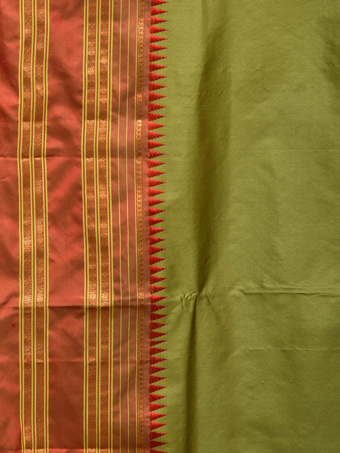 Olive and Red Narayanpet Silk Handloom Plain Saree with Traditional Border Design No Blouse - Global Threads
